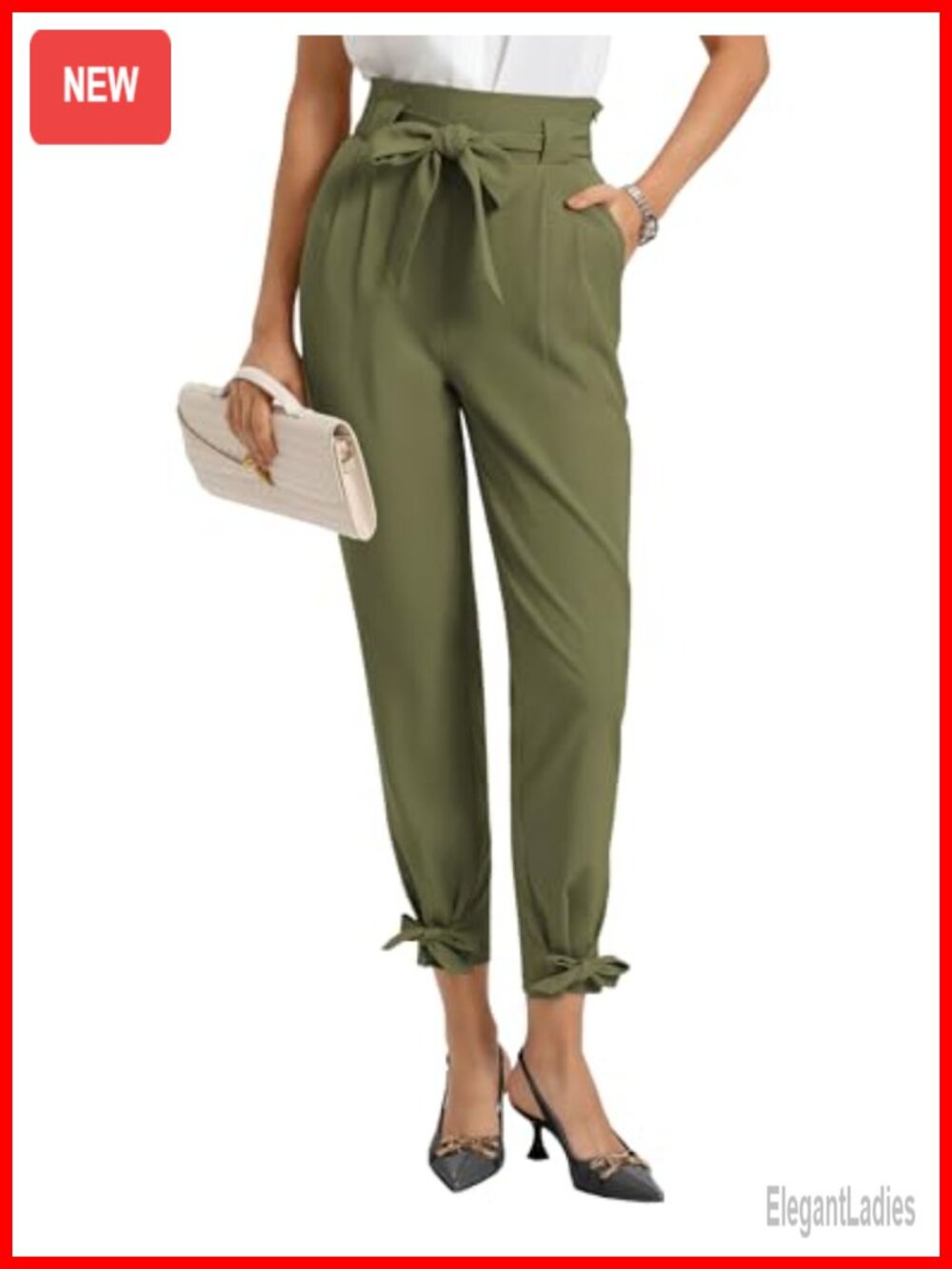 High Waist Ankle Pencil Dress Pants Pull On Elastic Waist Pockets